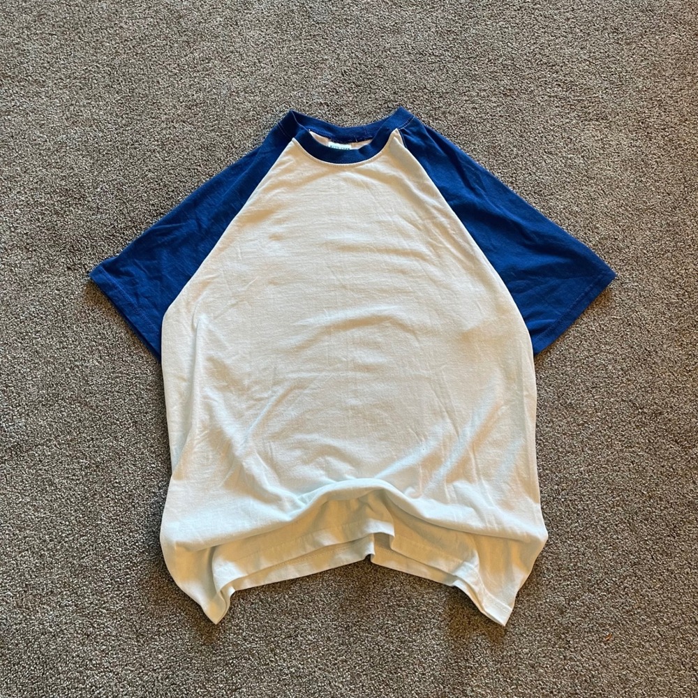 Mens Jerzees Baseball Raglan T-Shirt Size M White Blue Excellent Short Sleeve
